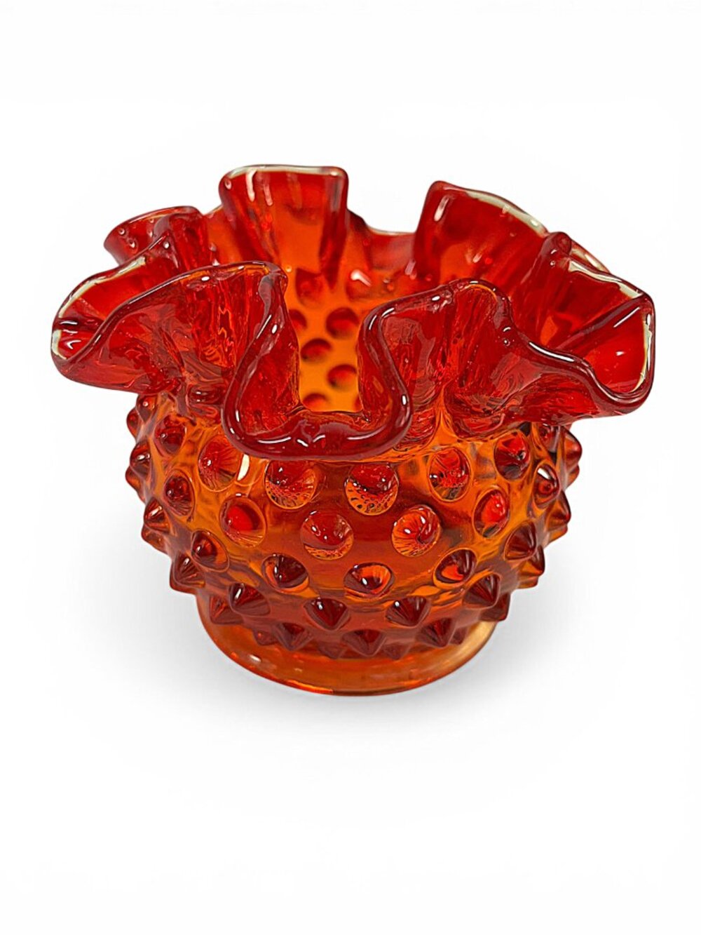 VTG Fenton Art Glass Ruby Red Amberina Hobnail Ruffle Top 3" Vase Votive Holder